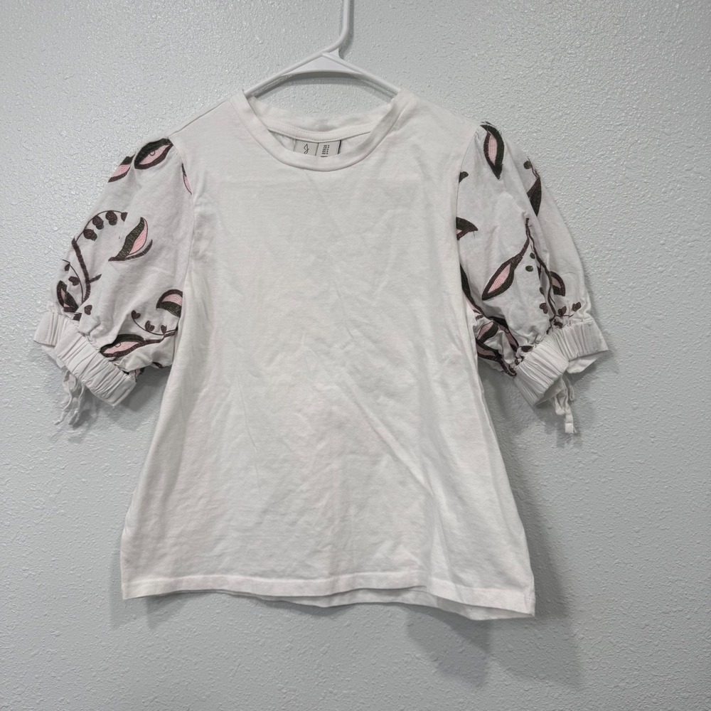 Joie Womens White Embroidered Puff Sleeve Cotton Flax Top Small Short Sleeve